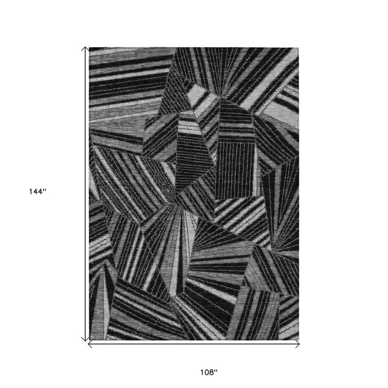 9' X 12' Black And Gray Geometric Washable Indoor Outdoor Area Rug