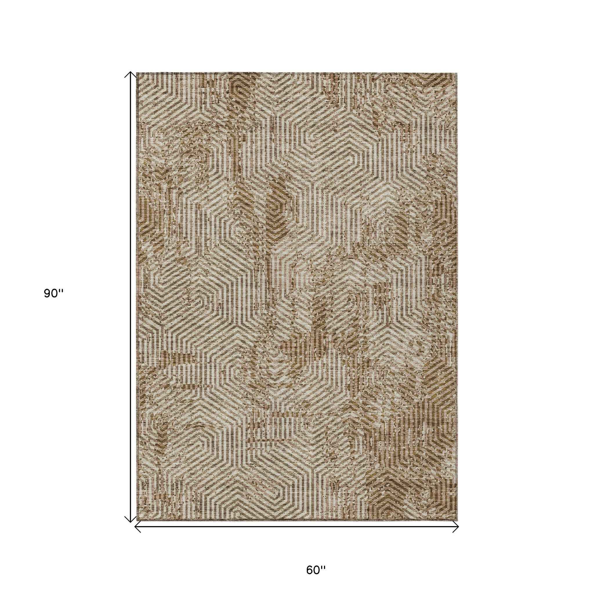 5' X 8' Brown And Beige Geometric Washable Indoor Outdoor Area Rug