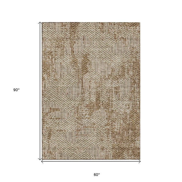5' X 8' Brown And Beige Geometric Washable Indoor Outdoor Area Rug