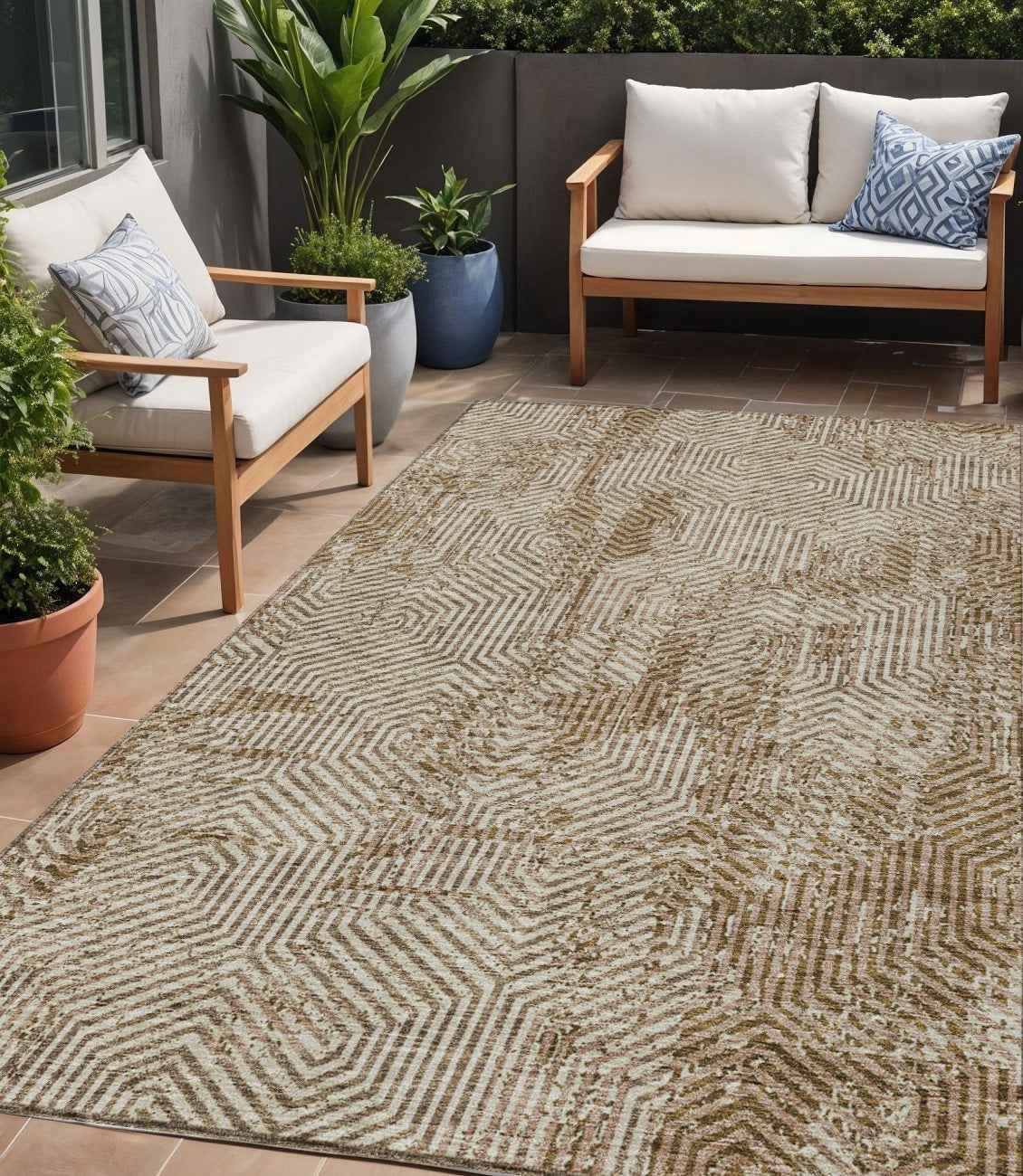 5' X 8' Brown And Beige Geometric Washable Indoor Outdoor Area Rug
