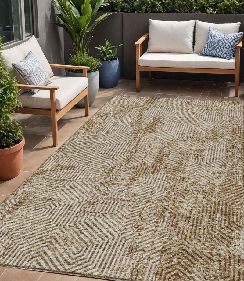 5' X 8' Brown And Beige Geometric Washable Indoor Outdoor Area Rug