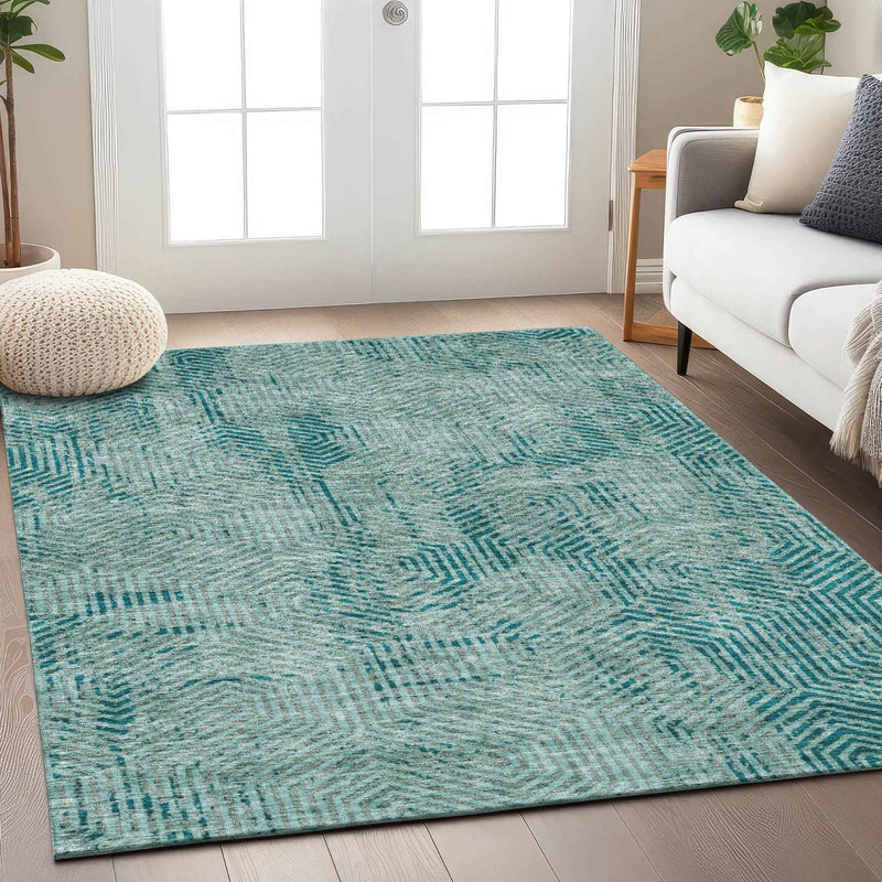 5' X 8' Teal Blue And Gray Geometric Washable Indoor Outdoor Area Rug
