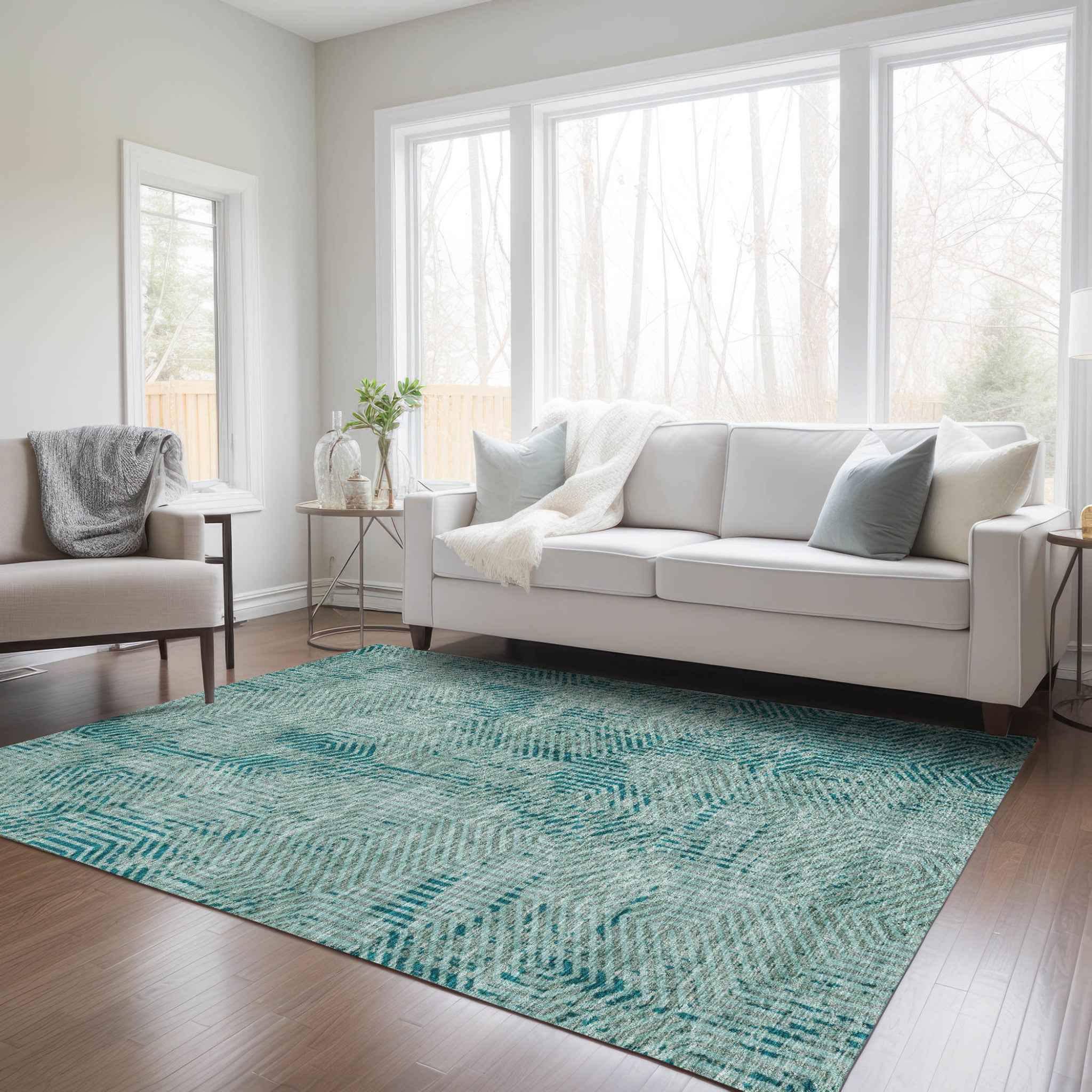 5' X 8' Teal Blue And Gray Geometric Washable Indoor Outdoor Area Rug