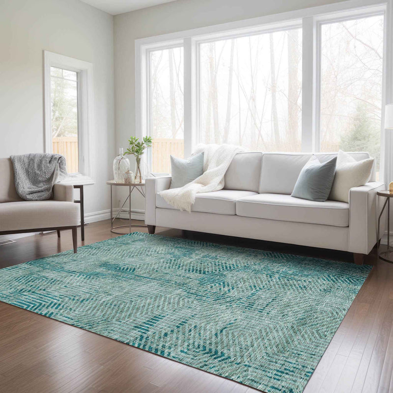 5' X 8' Teal Blue And Gray Geometric Washable Indoor Outdoor Area Rug