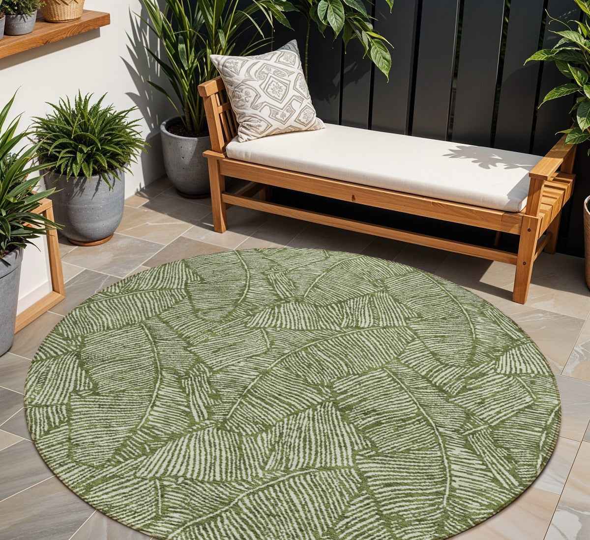 8' Olive Green And Light Green Round Floral Washable Indoor Outdoor Area Rug