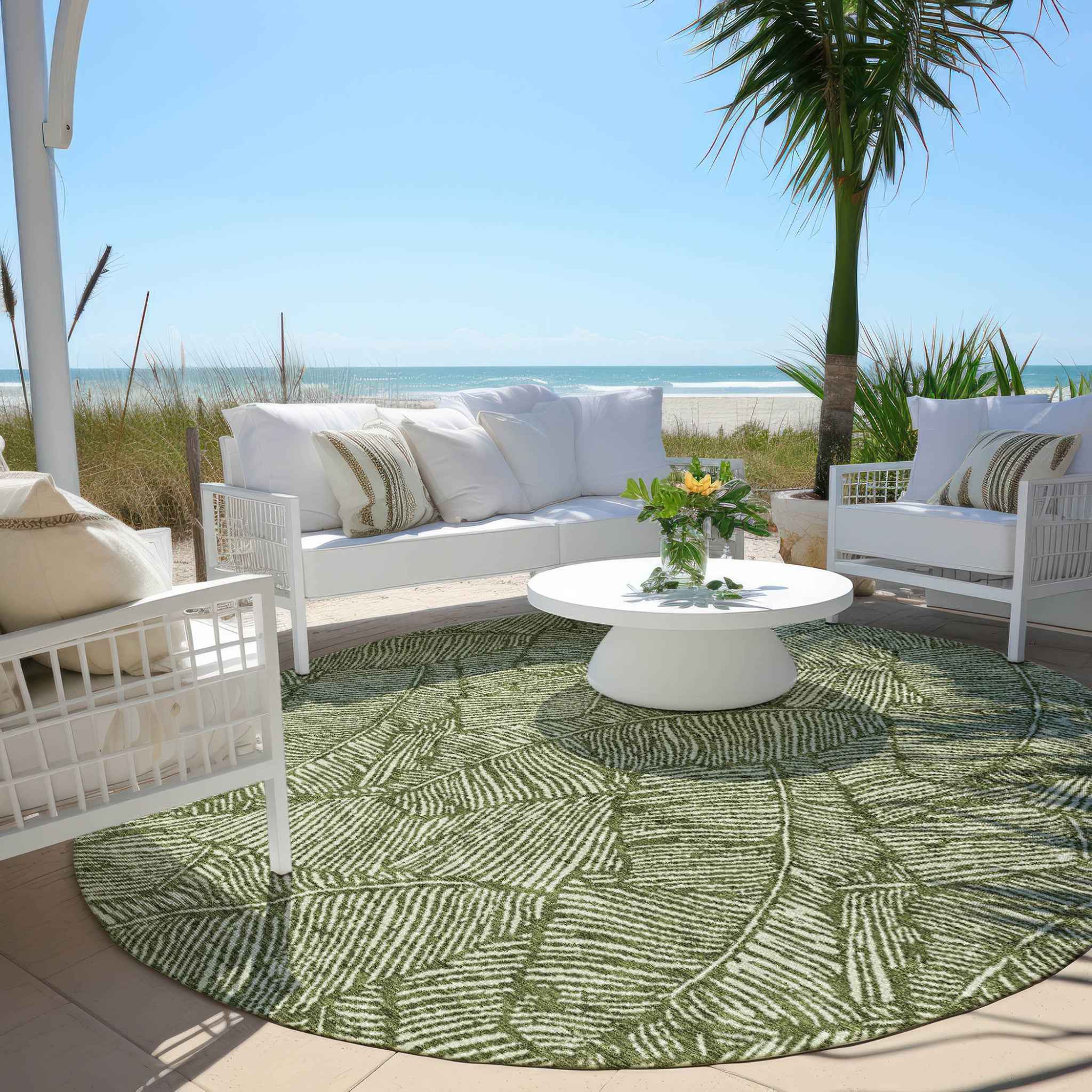8' Olive Green And Light Green Round Floral Washable Indoor Outdoor Area Rug