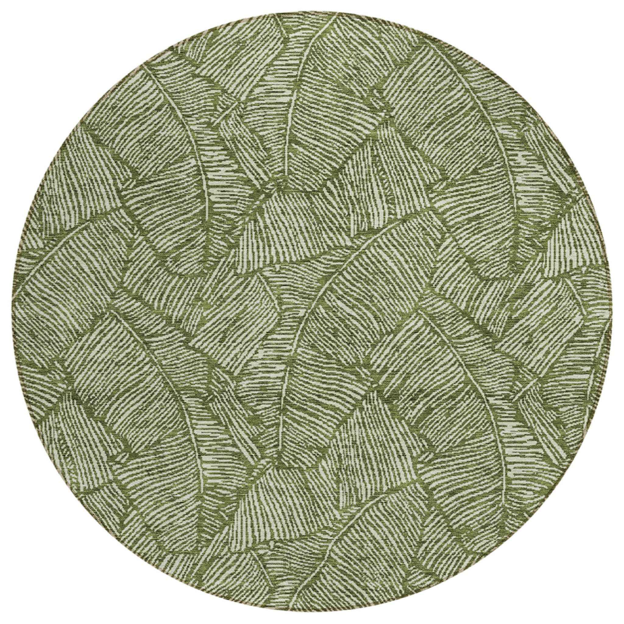8' Olive Green And Light Green Round Floral Washable Indoor Outdoor Area Rug
