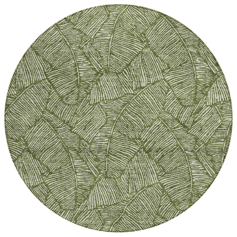 8' Olive Green And Light Green Round Floral Washable Indoor Outdoor Area Rug