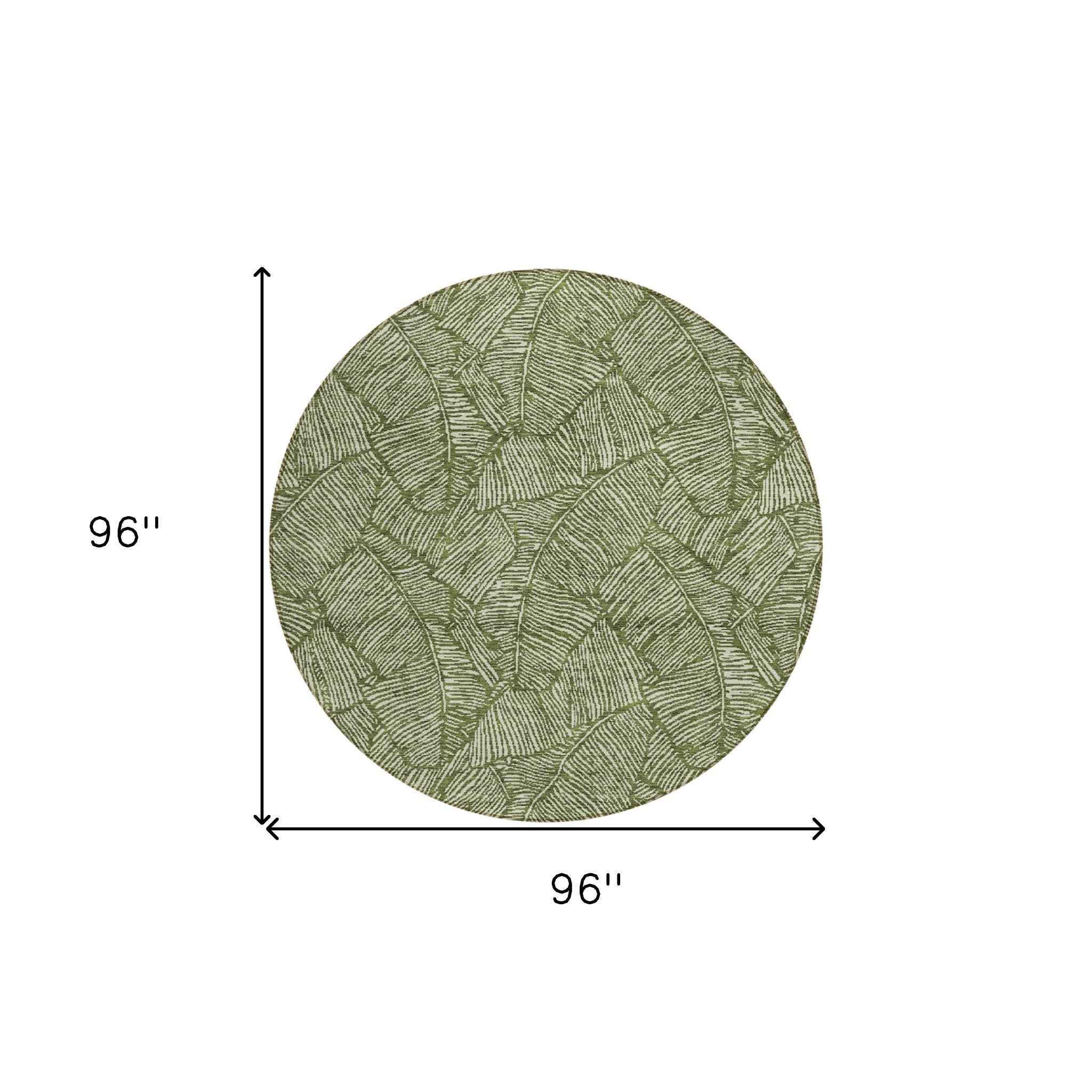 8' Olive Green And Light Green Round Floral Washable Indoor Outdoor Area Rug