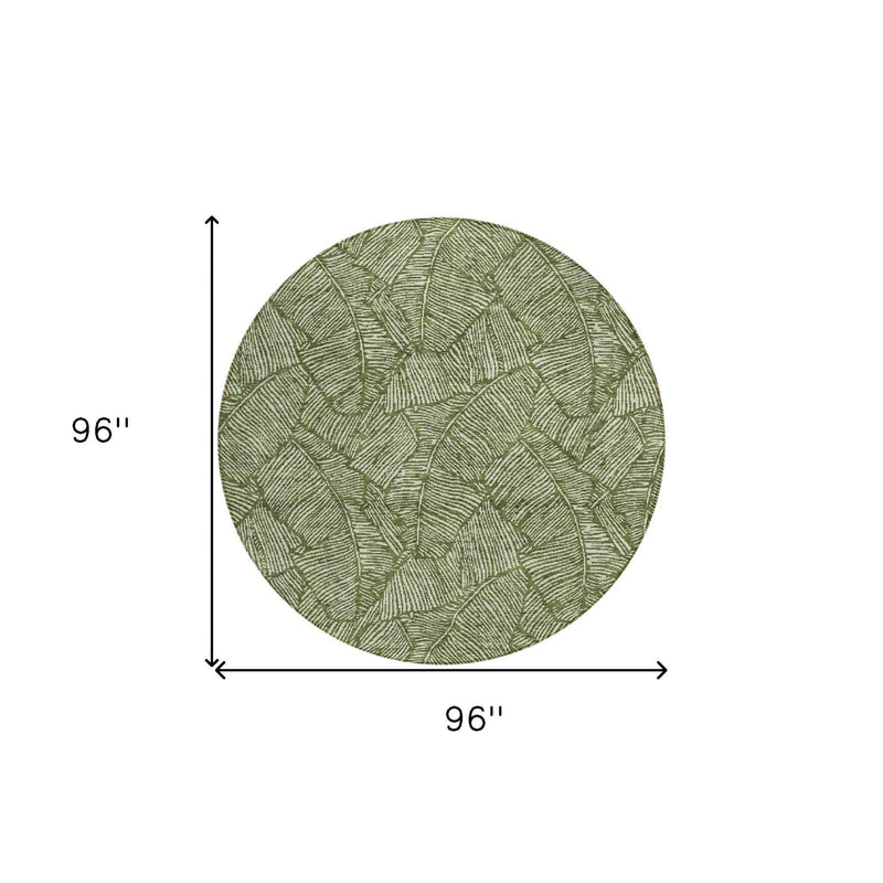 8' Olive Green And Light Green Round Floral Washable Indoor Outdoor Area Rug