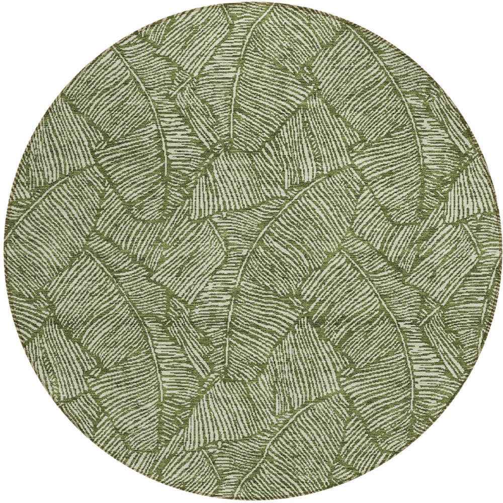 8' Olive Green And Light Green Round Floral Washable Indoor Outdoor Area Rug