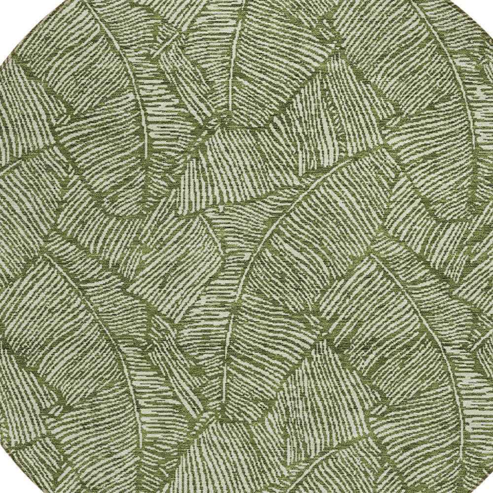 8' Olive Green And Light Green Round Floral Washable Indoor Outdoor Area Rug