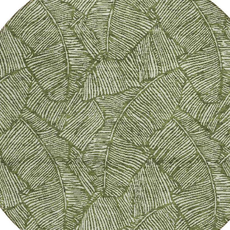 8' Olive Green And Light Green Round Floral Washable Indoor Outdoor Area Rug