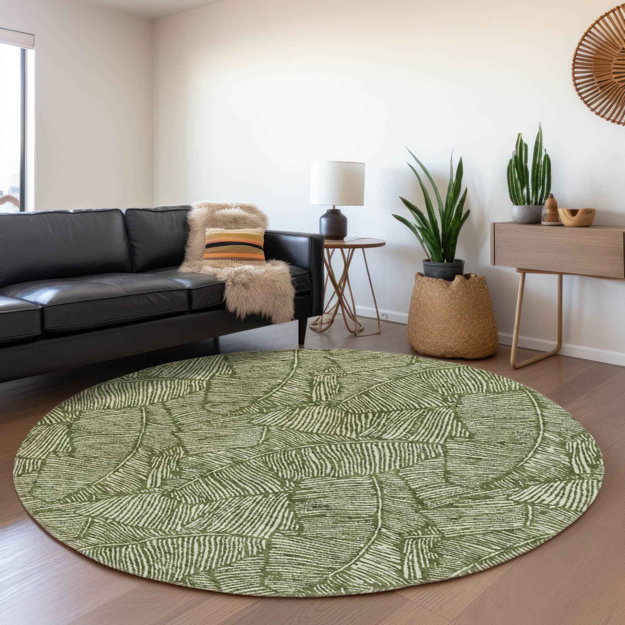 8' Olive Green And Light Green Round Floral Washable Indoor Outdoor Area Rug