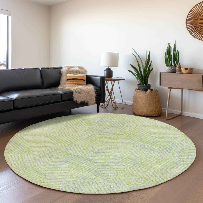 8' Lime Green Gray And Ivory Round Geometric Washable Indoor Outdoor Area Rug