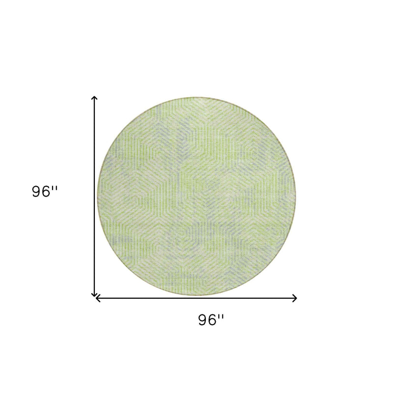 8' Lime Green Gray And Ivory Round Geometric Washable Indoor Outdoor Area Rug