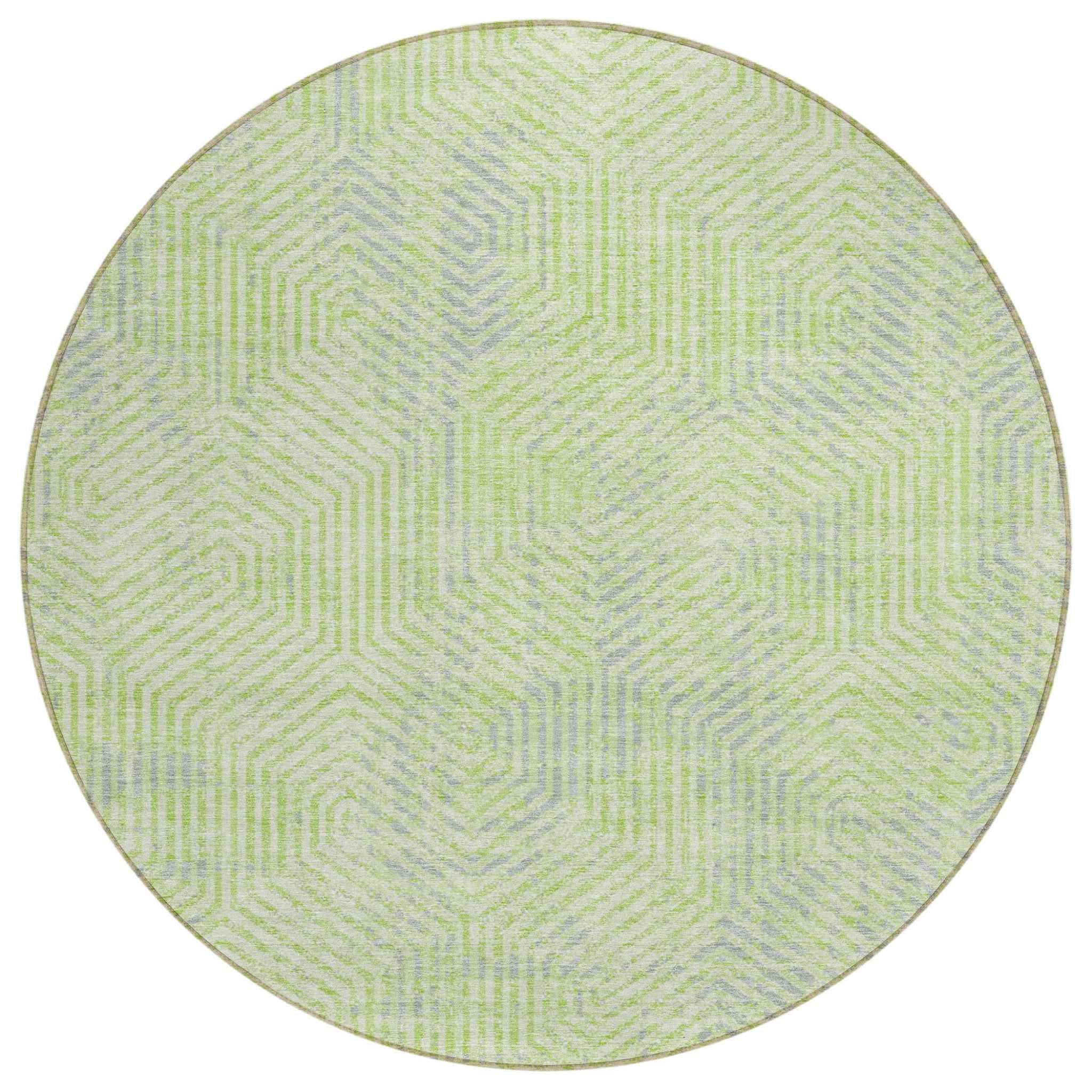 8' Lime Green Gray And Ivory Round Geometric Washable Indoor Outdoor Area Rug