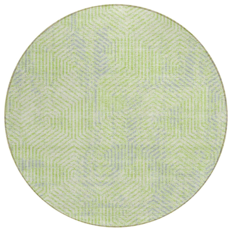 8' Lime Green Gray And Ivory Round Geometric Washable Indoor Outdoor Area Rug