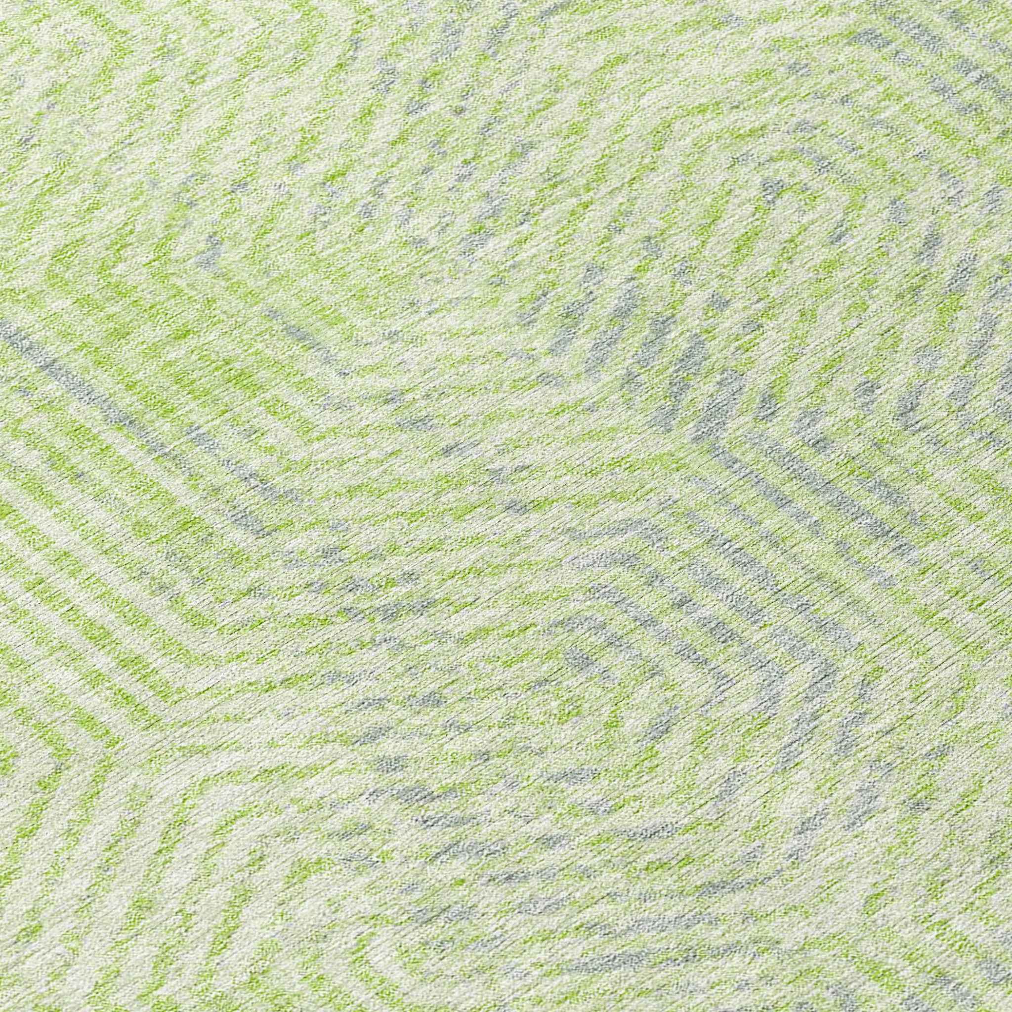 8' Lime Green Gray And Ivory Round Geometric Washable Indoor Outdoor Area Rug