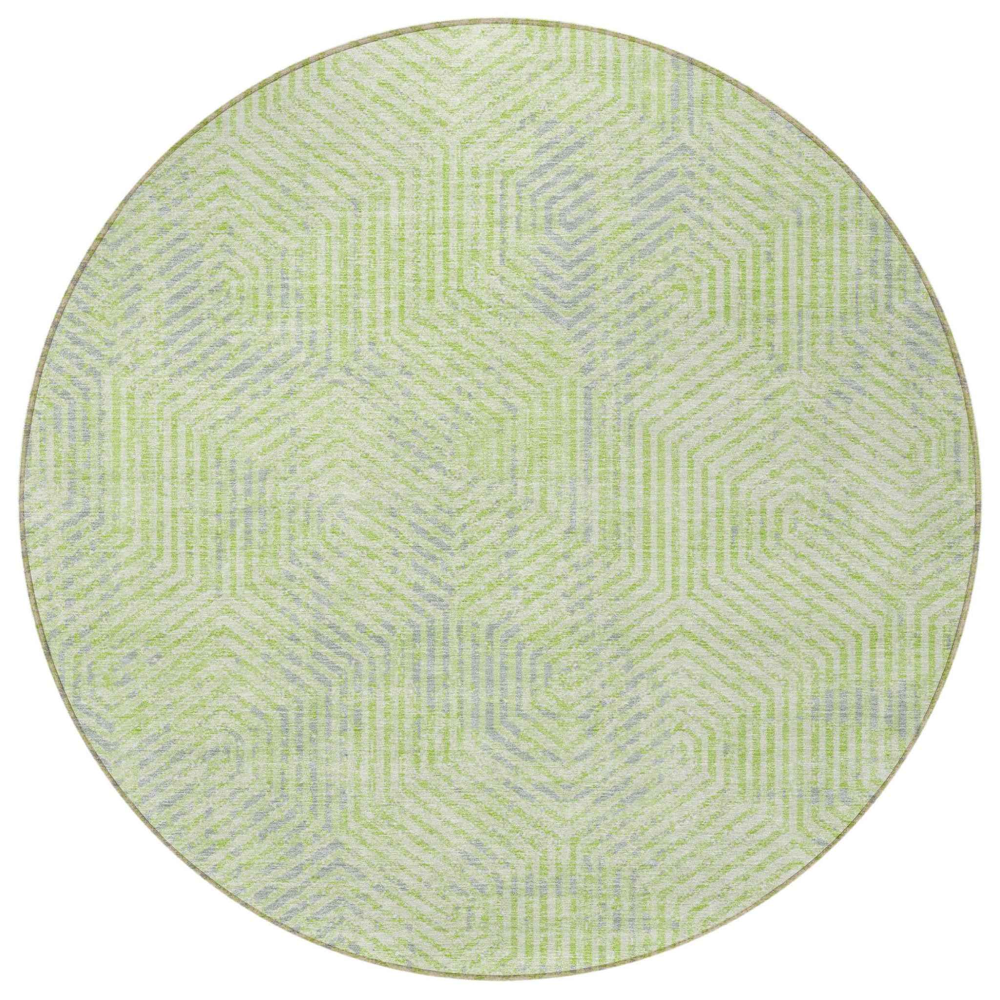 8' Lime Green Gray And Ivory Round Geometric Washable Indoor Outdoor Area Rug
