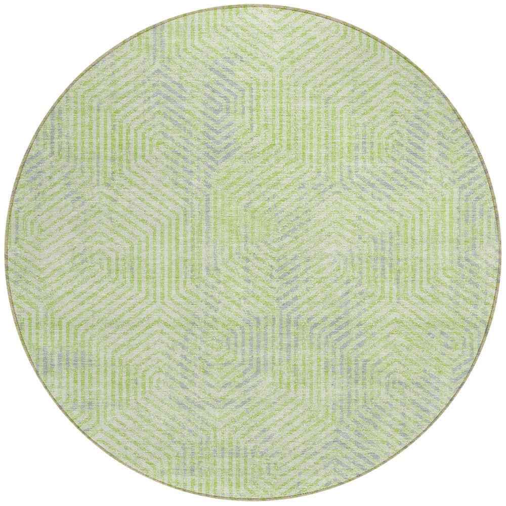 8' Lime Green Gray And Ivory Round Geometric Washable Indoor Outdoor Area Rug