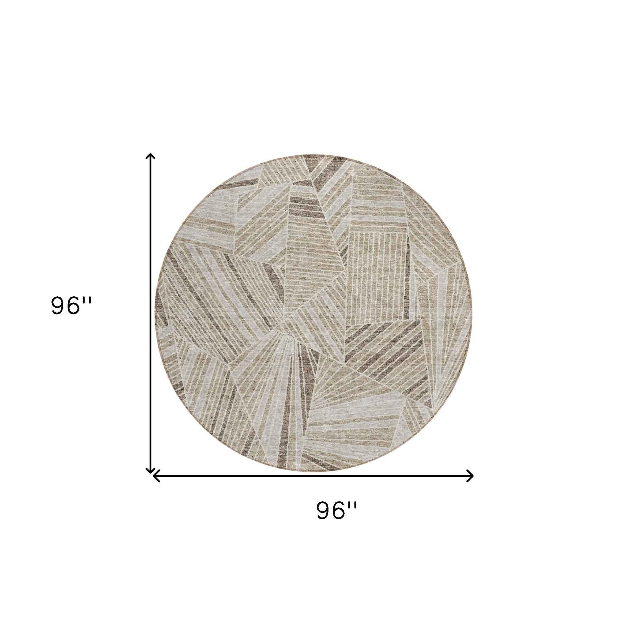 8' Beige Brown And Ivory Round Geometric Washable Indoor Outdoor Area Rug