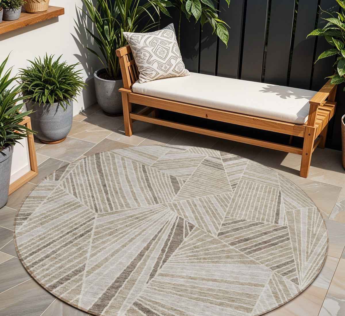 8' Beige Brown And Ivory Round Geometric Washable Indoor Outdoor Area Rug