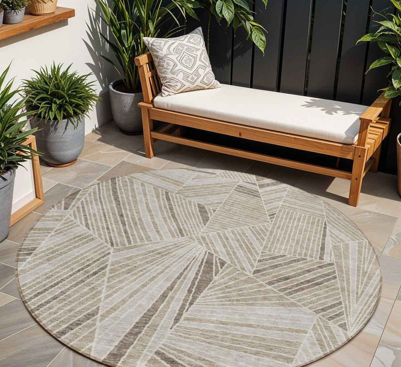 8' Beige Brown And Ivory Round Geometric Washable Indoor Outdoor Area Rug