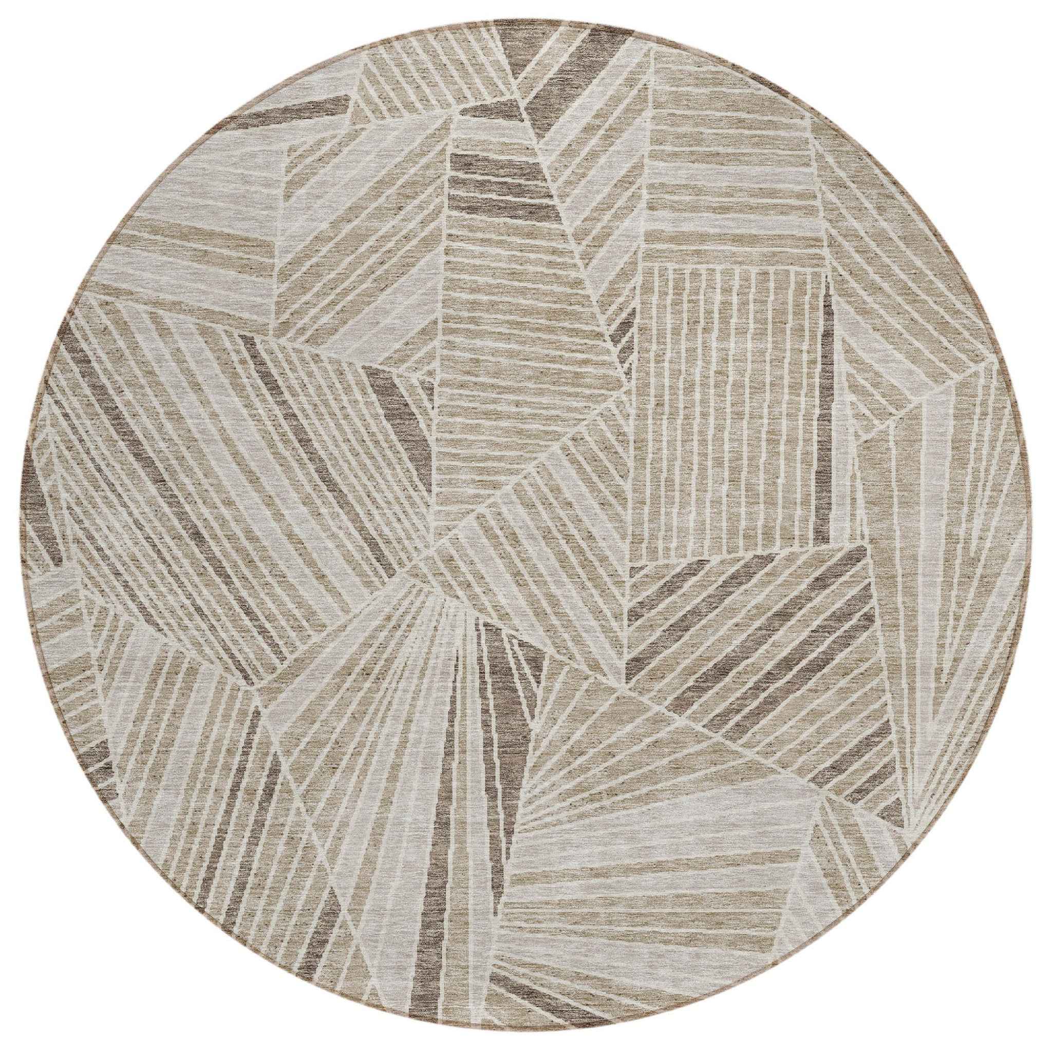 8' Beige Brown And Ivory Round Geometric Washable Indoor Outdoor Area Rug