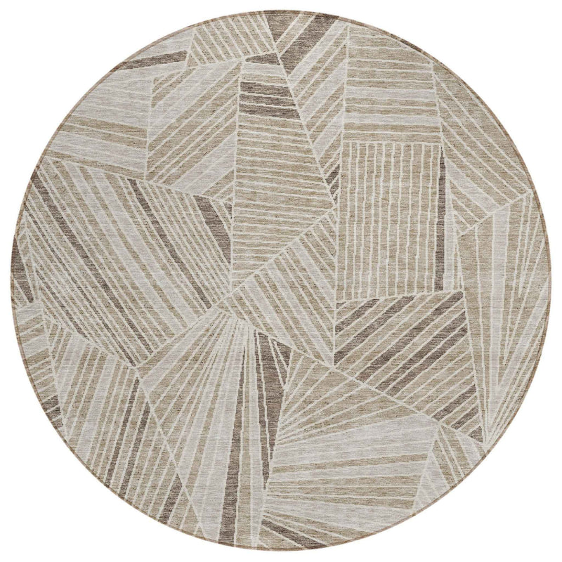 8' Beige Brown And Ivory Round Geometric Washable Indoor Outdoor Area Rug