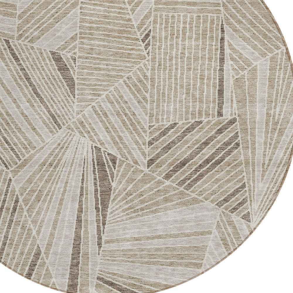 8' Beige Brown And Ivory Round Geometric Washable Indoor Outdoor Area Rug