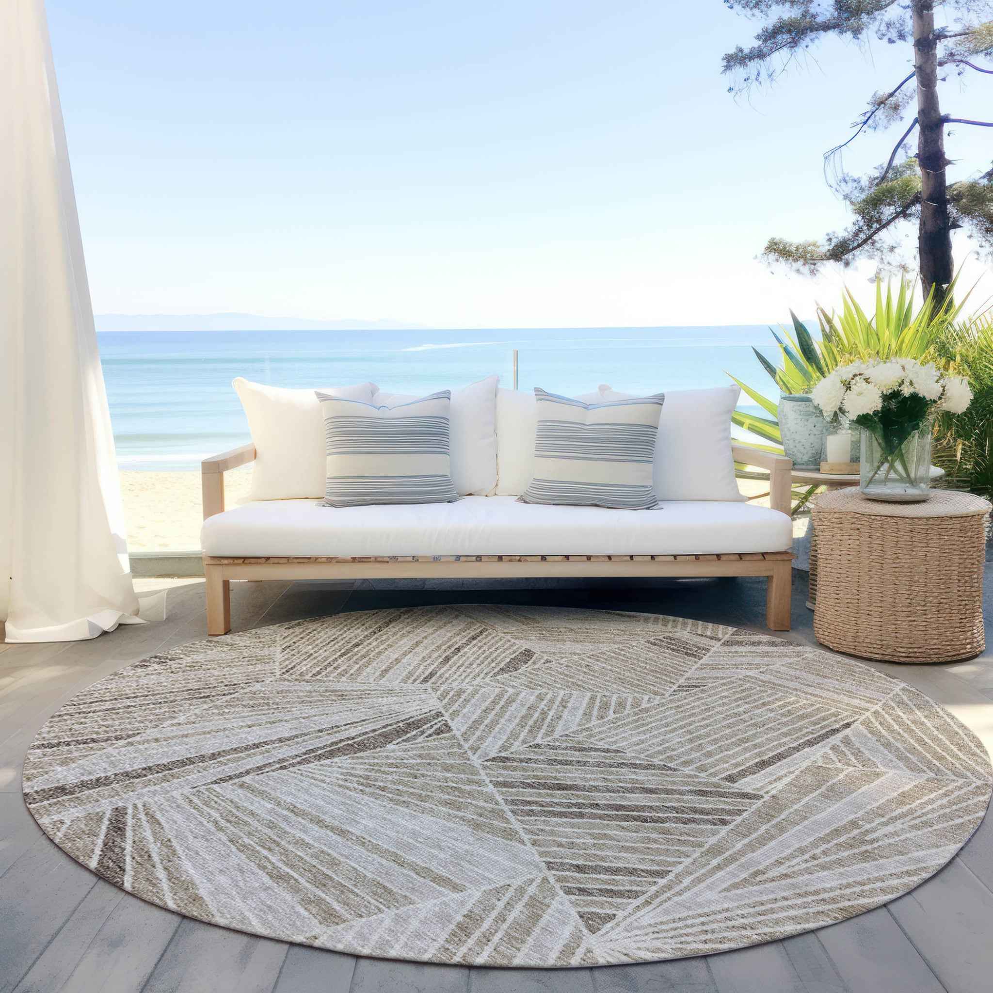 8' Beige Brown And Ivory Round Geometric Washable Indoor Outdoor Area Rug
