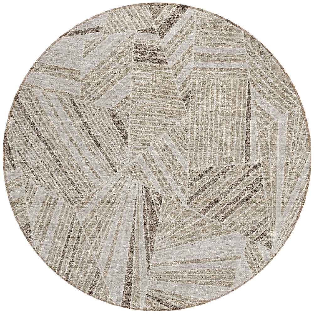 8' Beige Brown And Ivory Round Geometric Washable Indoor Outdoor Area Rug