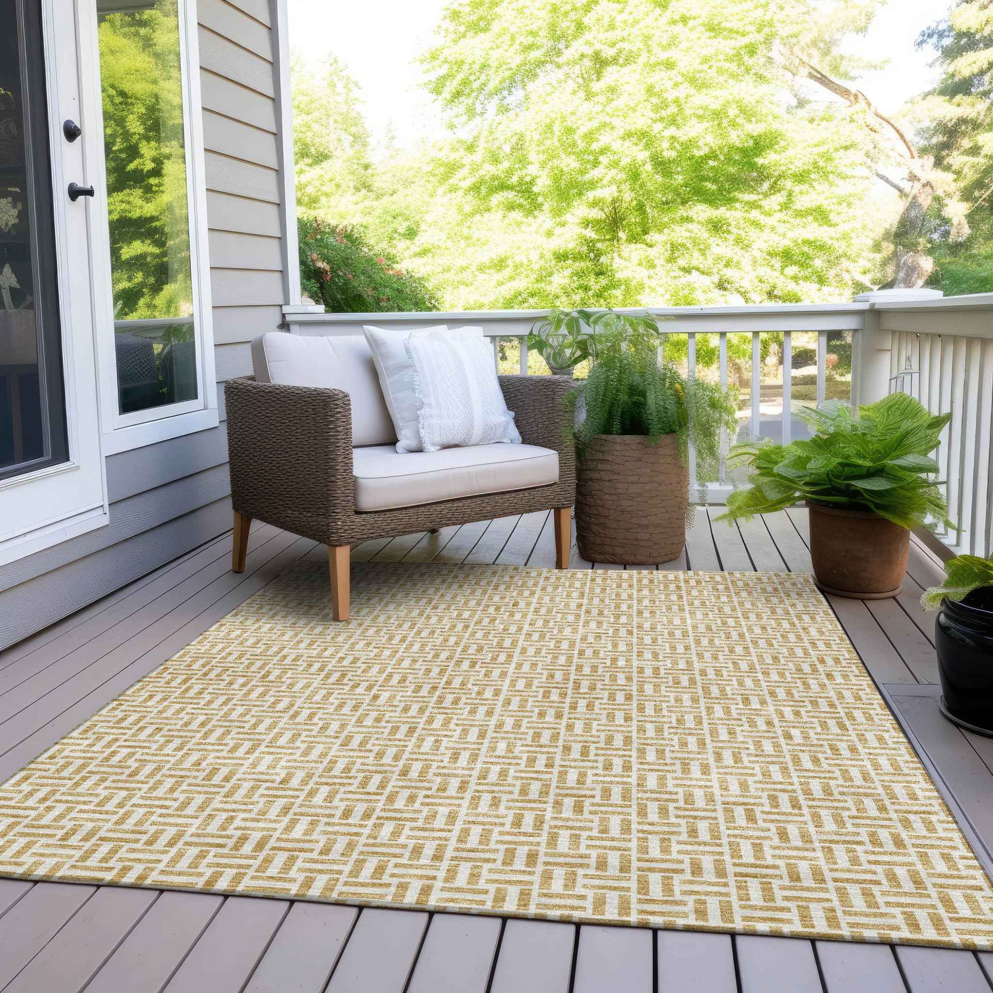 8' X 10' Gold And Ivory Geometric Washable Indoor Outdoor Area Rug