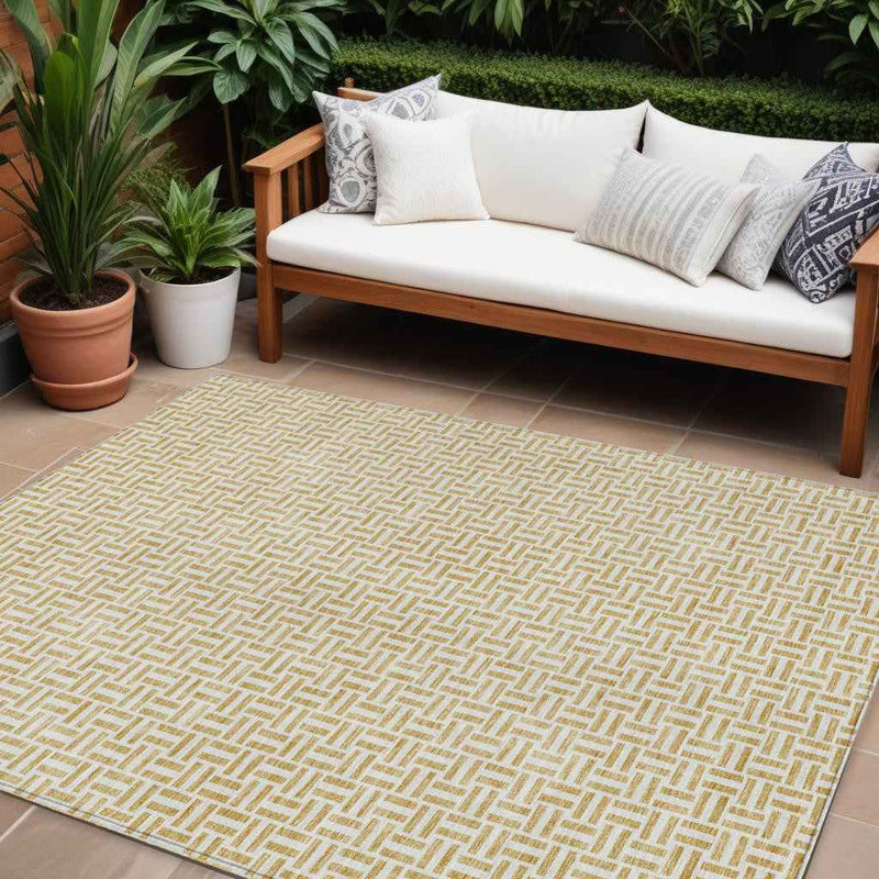 8' X 10' Gold And Ivory Geometric Washable Indoor Outdoor Area Rug