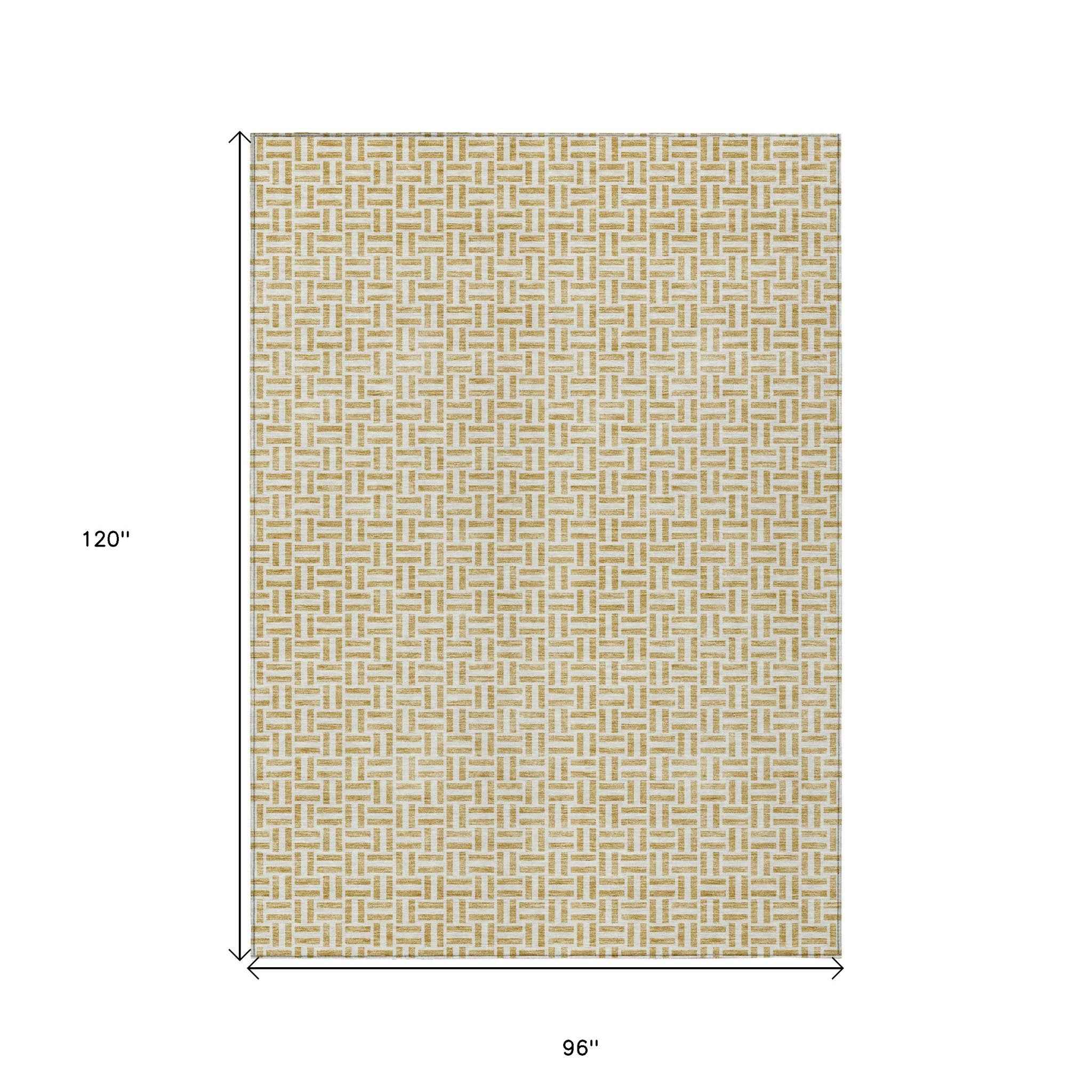 8' X 10' Gold And Ivory Geometric Washable Indoor Outdoor Area Rug