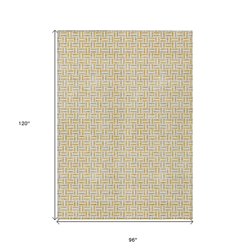 8' X 10' Gold And Ivory Geometric Washable Indoor Outdoor Area Rug