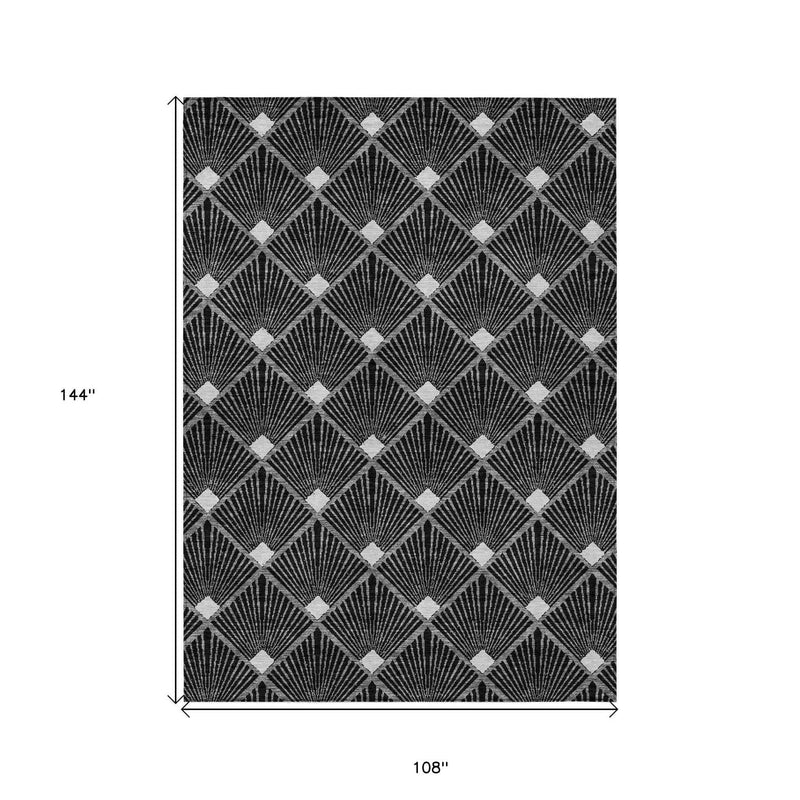 9' X 12' Black Gray And Ivory Geometric Washable Indoor Outdoor Area Rug