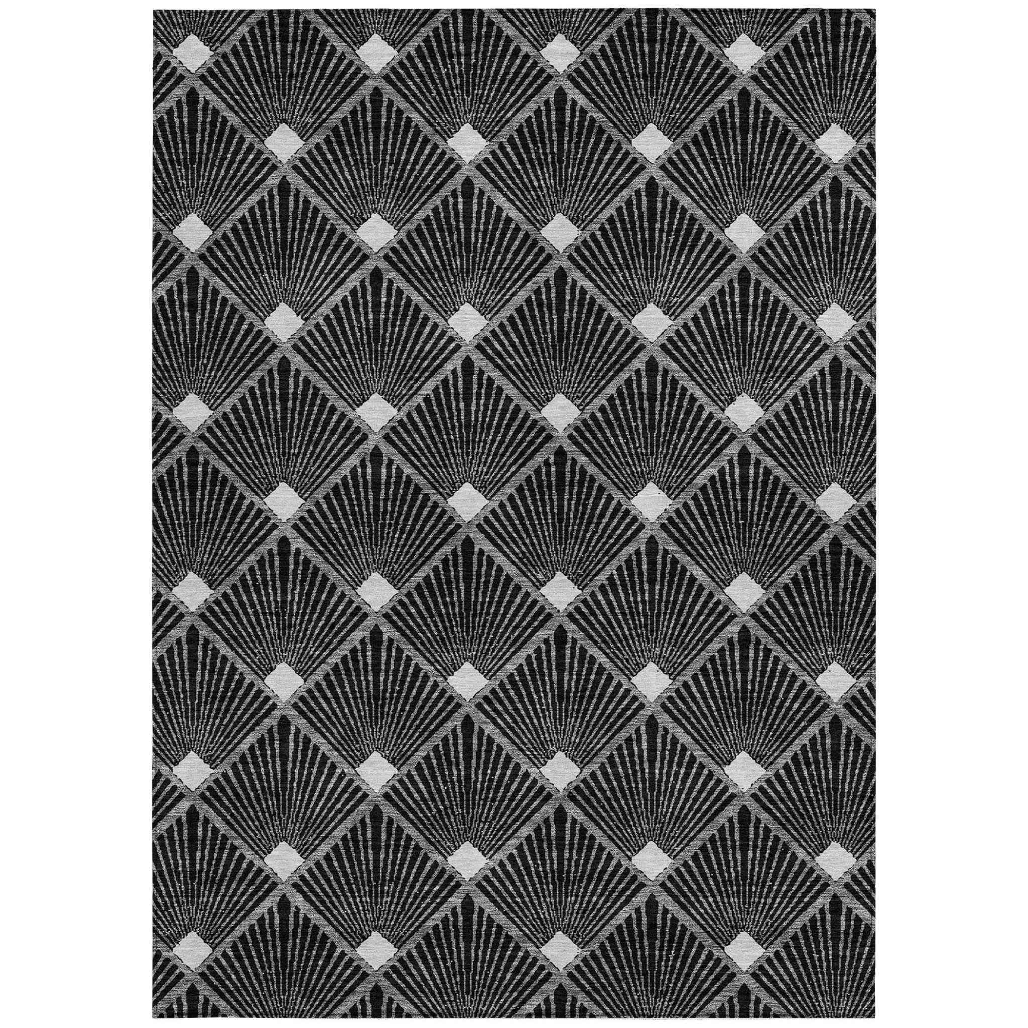 9' X 12' Black Gray And Ivory Geometric Washable Indoor Outdoor Area Rug
