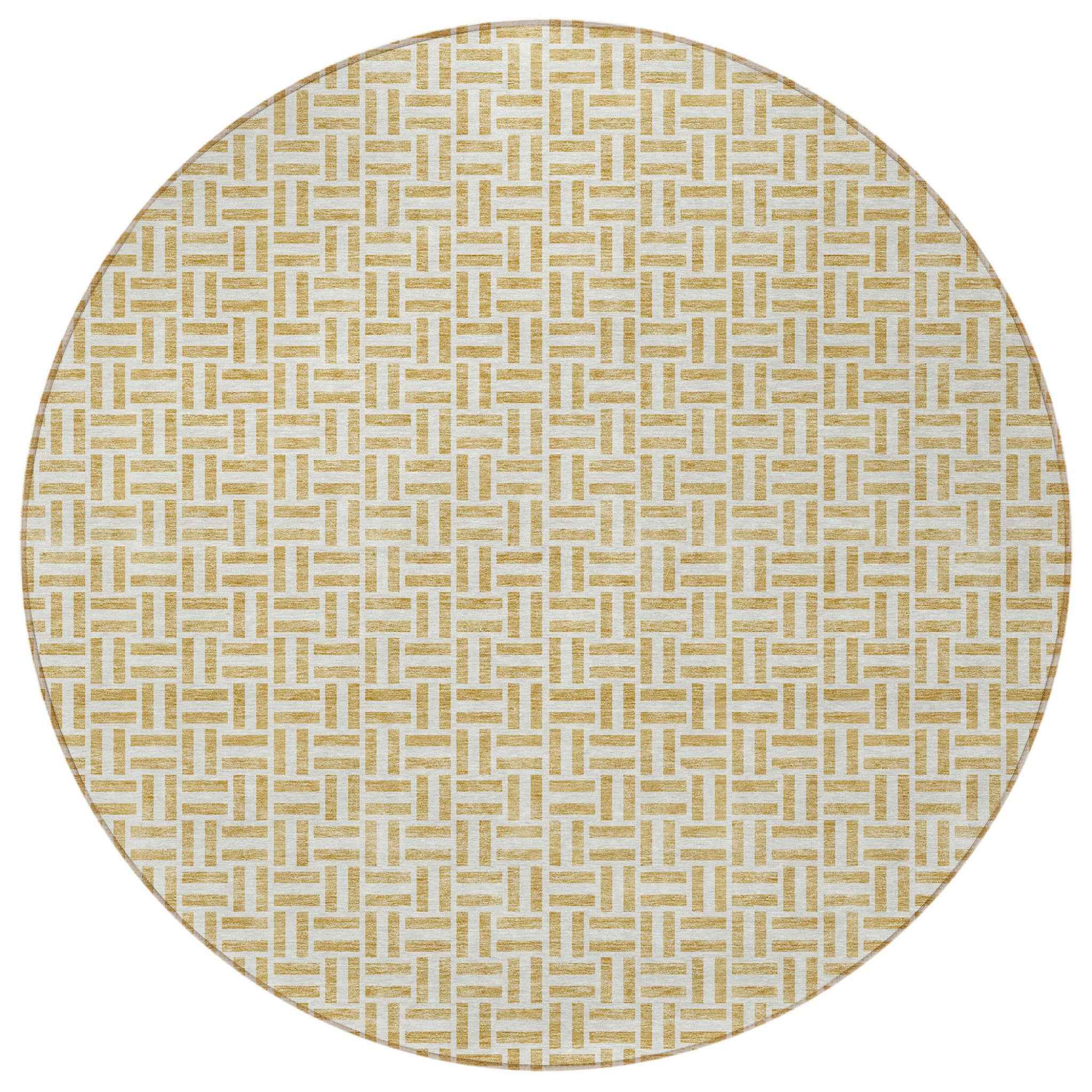 8' Gold And Ivory Round Geometric Washable Indoor Outdoor Area Rug