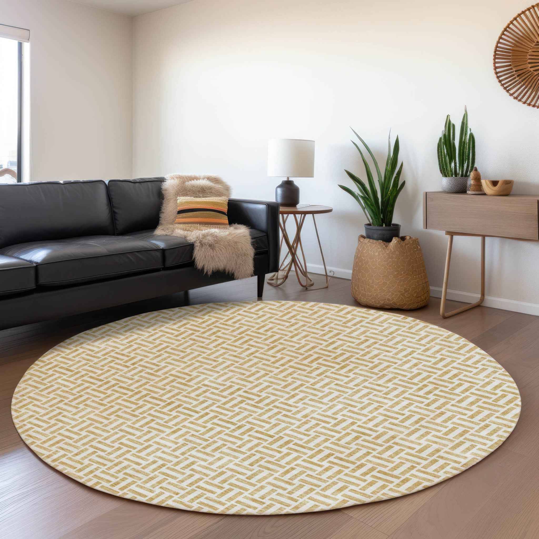 8' Gold And Ivory Round Geometric Washable Indoor Outdoor Area Rug