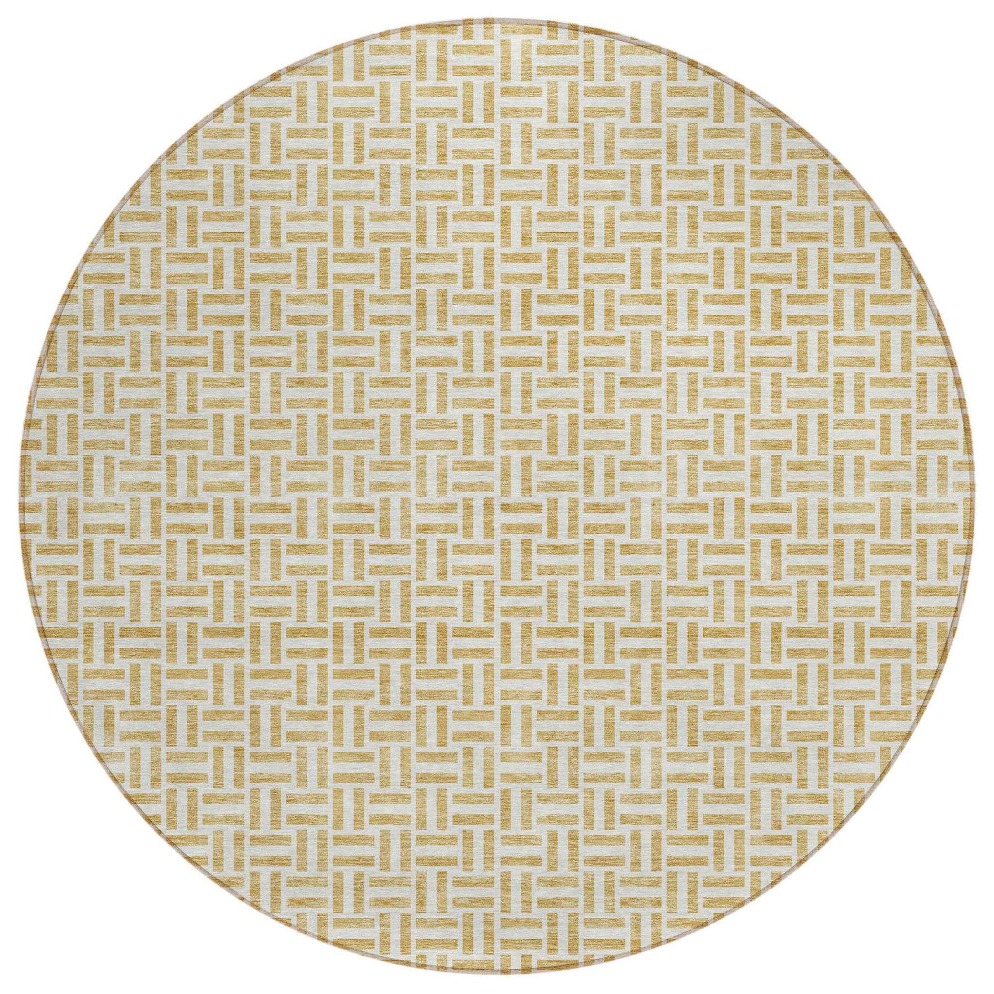 8' Gold And Ivory Round Geometric Washable Indoor Outdoor Area Rug