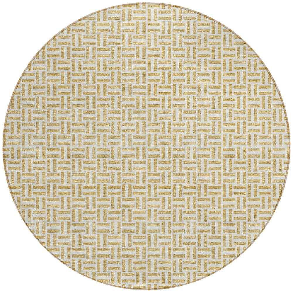8' Gold And Ivory Round Geometric Washable Indoor Outdoor Area Rug