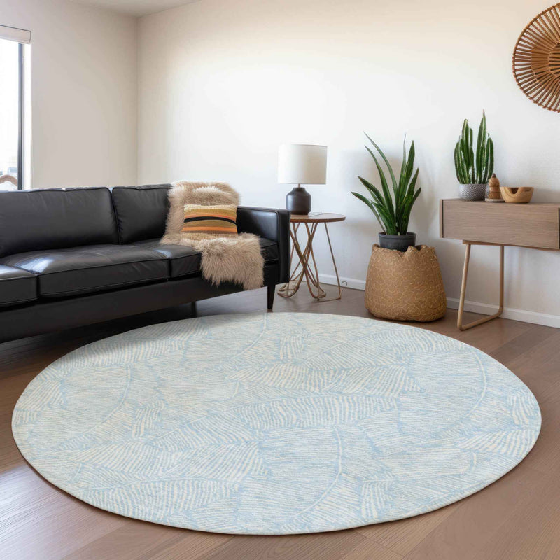 8' Sky Blue And Ivory Round Floral Washable Indoor Outdoor Area Rug