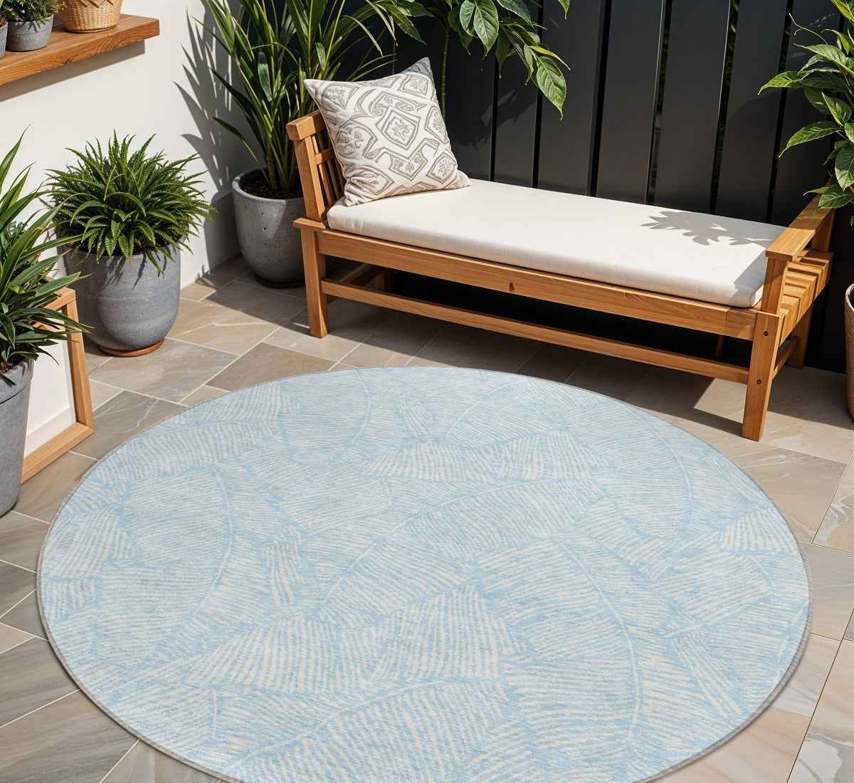 8' Sky Blue And Ivory Round Floral Washable Indoor Outdoor Area Rug