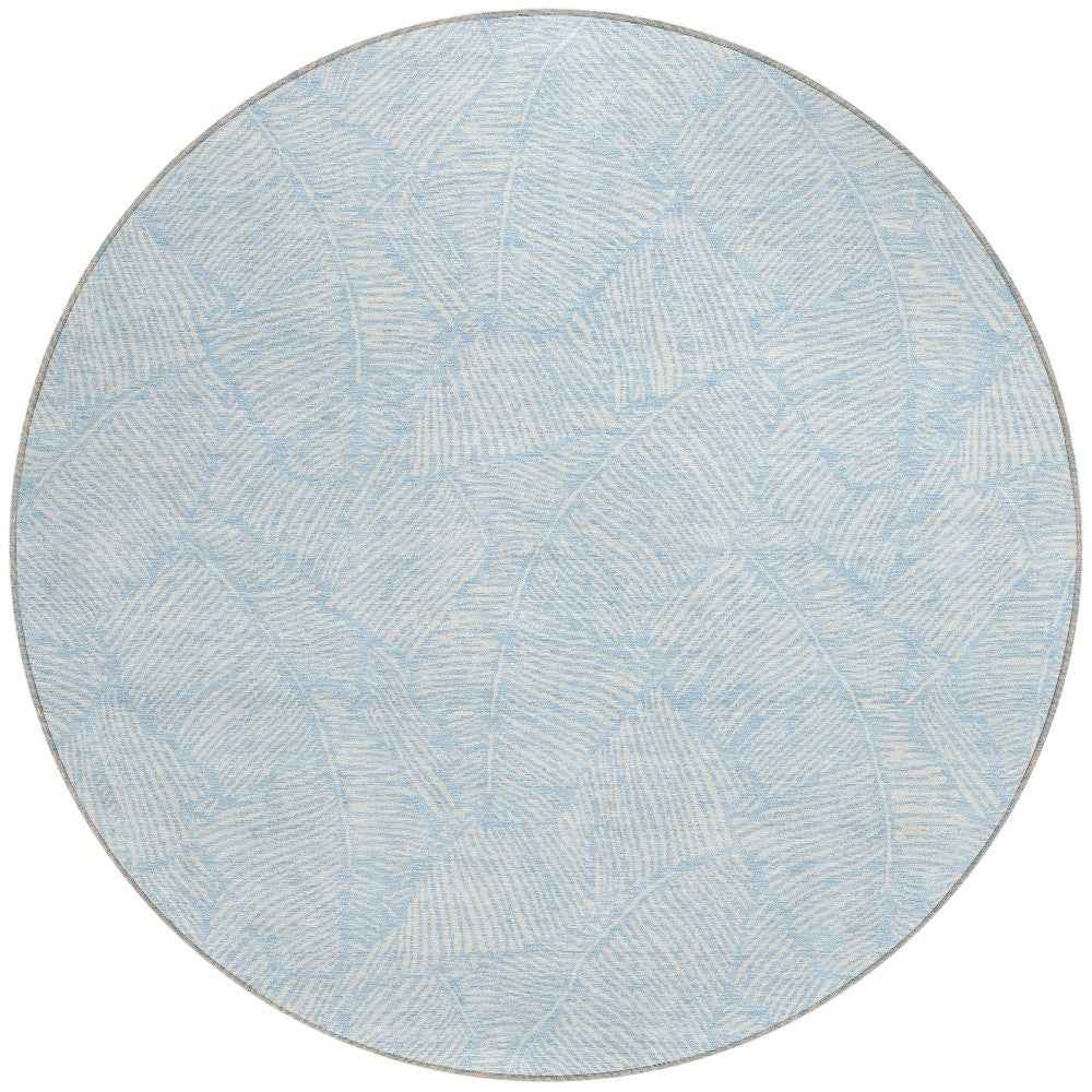 8' Sky Blue And Ivory Round Floral Washable Indoor Outdoor Area Rug