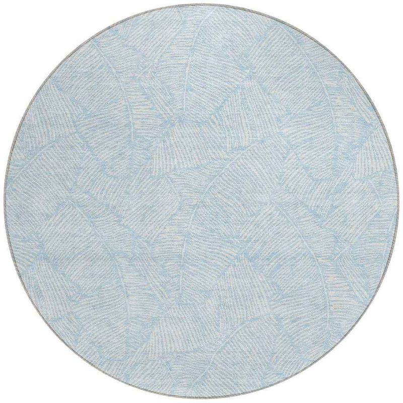 8' Sky Blue And Ivory Round Floral Washable Indoor Outdoor Area Rug