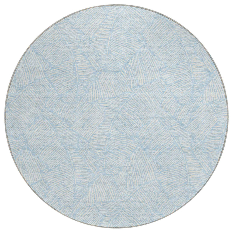 8' Sky Blue And Ivory Round Floral Washable Indoor Outdoor Area Rug