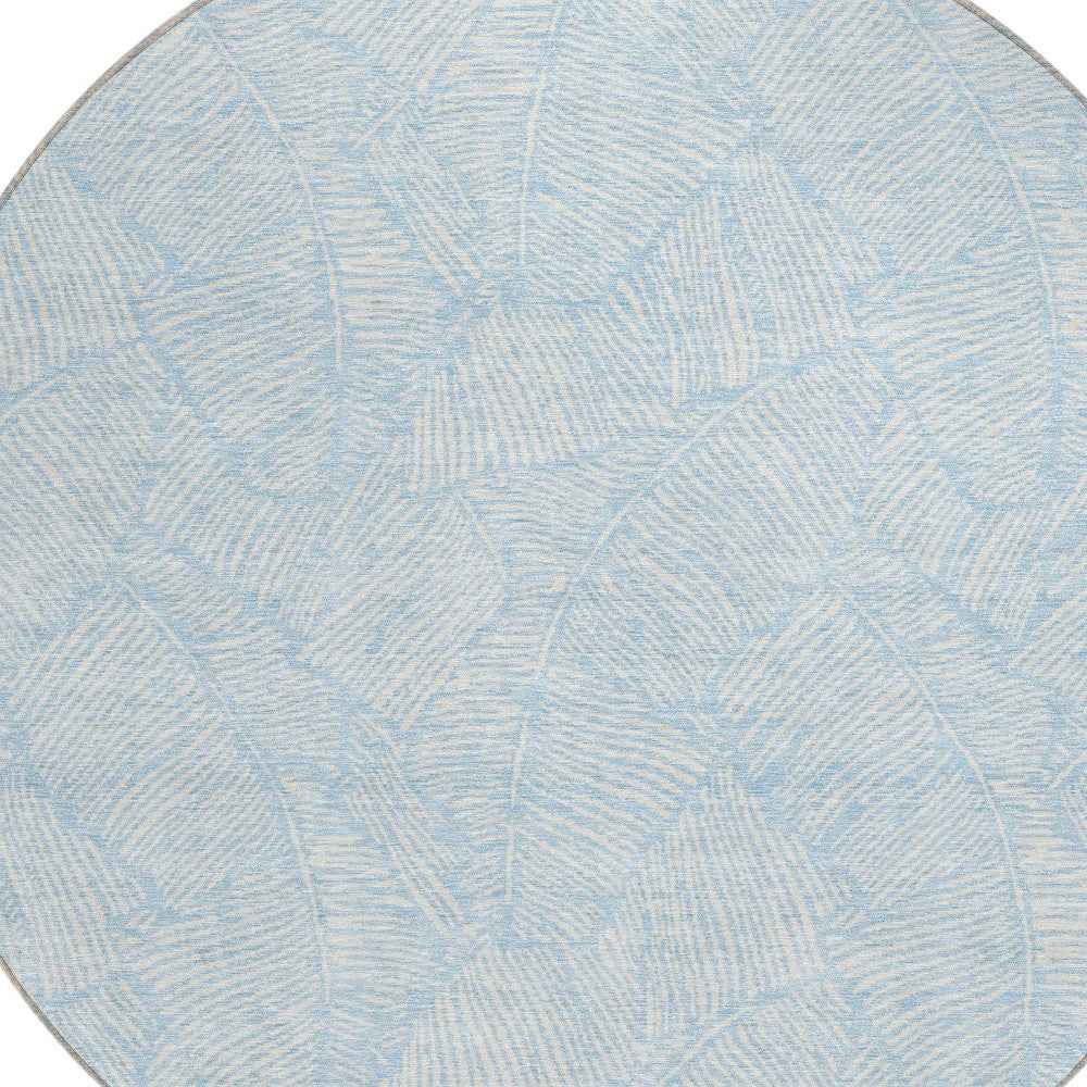 8' Sky Blue And Ivory Round Floral Washable Indoor Outdoor Area Rug