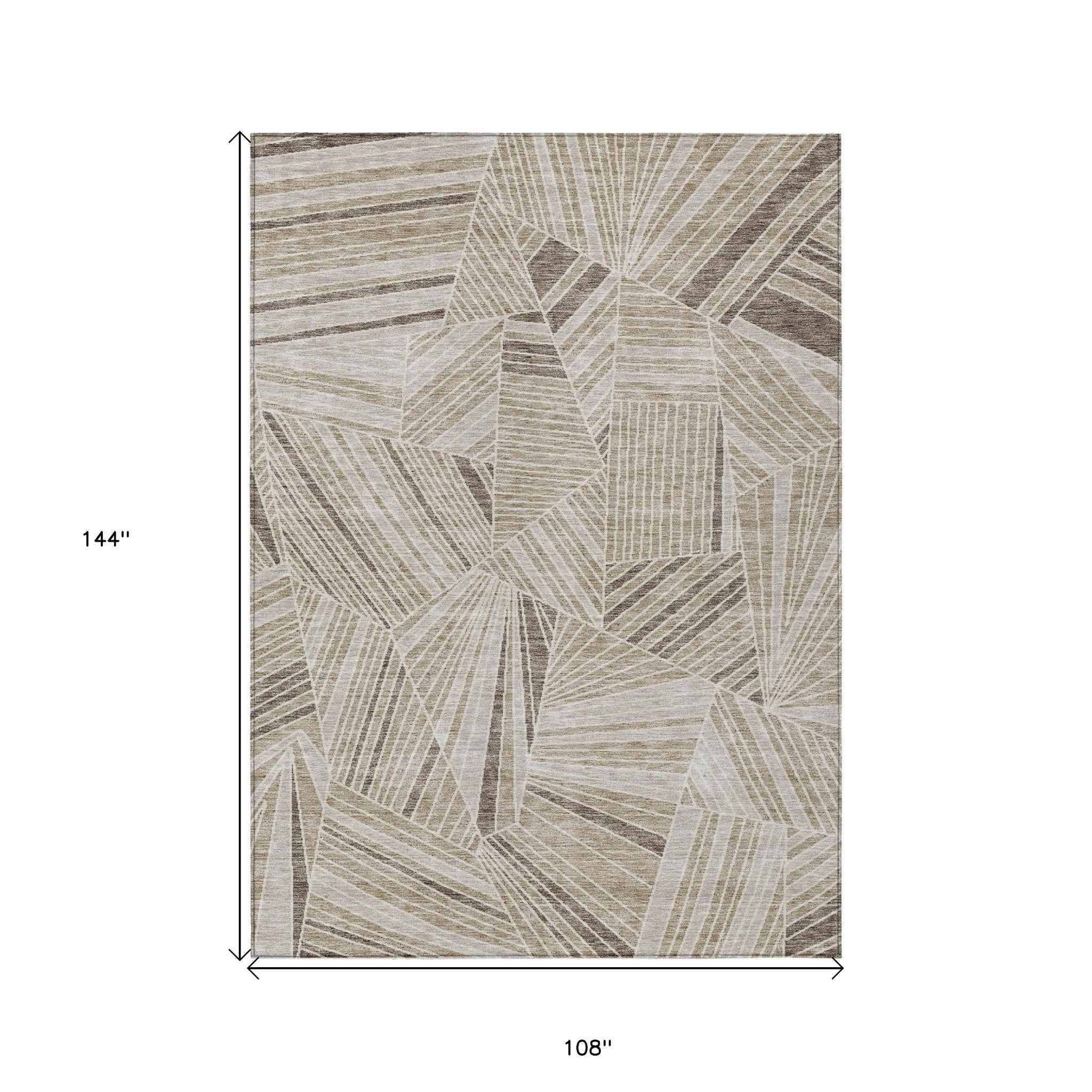 9' X 12' Beige Brown And Ivory Geometric Washable Indoor Outdoor Area Rug